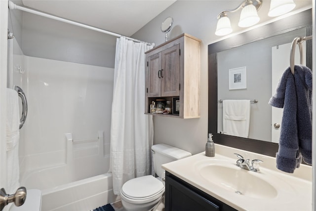 full bath with vanity, toilet, and shower / tub combo with curtain