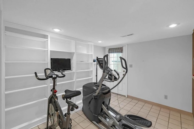 workout area with recessed lighting, baseboards, visible vents, and light tile patterned floors