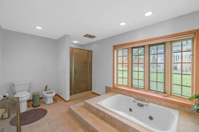 full bath with a bidet, a stall shower, a whirlpool tub, toilet, and recessed lighting