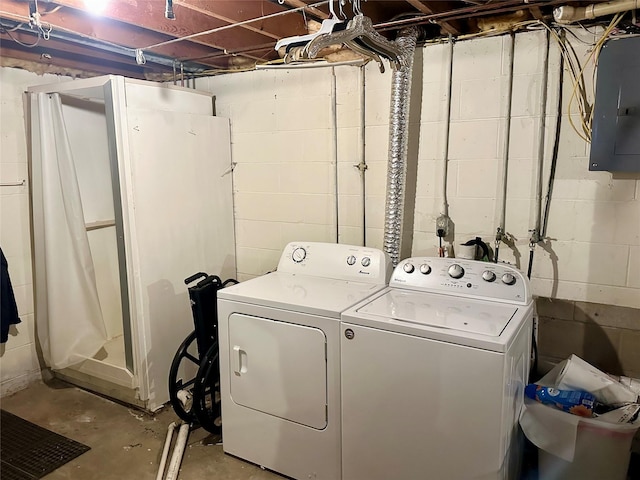 washroom with independent washer and dryer, laundry area, and electric panel