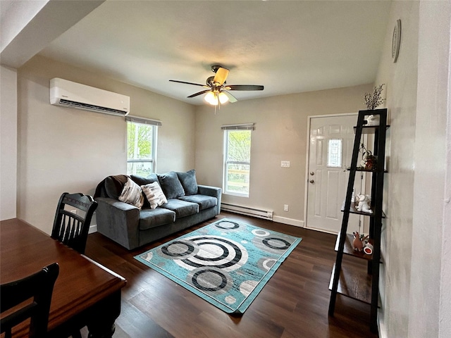 3825 15th St, Des Moines, IA 50313 - living area with a wall unit AC, a baseboard radiator, dark wood finished floors, and ceiling fan