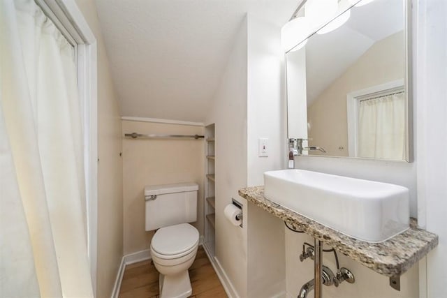 bathroom with a sink, lofted ceiling, toilet, and wood finished floors