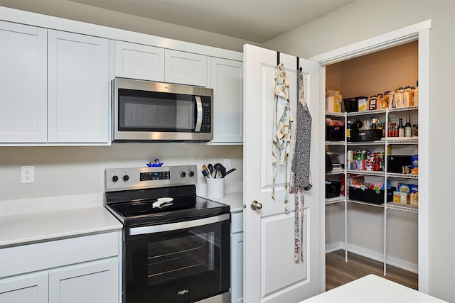 1150 NW Williamsburg Ln, Waukee, IA 50263 - kitchen with appliances with stainless steel finishes, light countertops, white cabinetry, and dark wood-style flooring