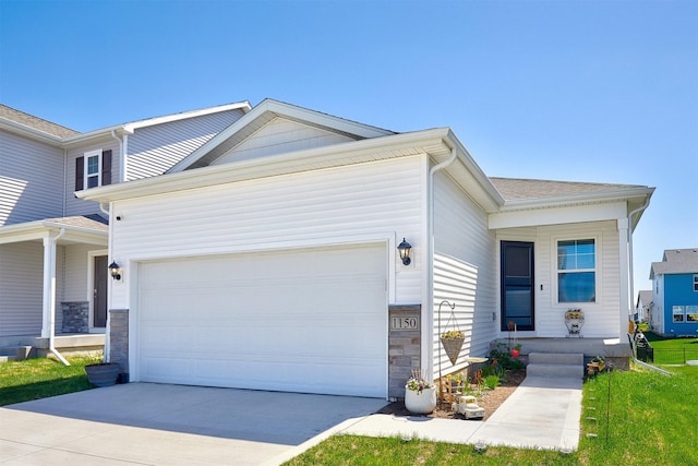 1150 NW Williamsburg Ln, Waukee, IA 50263 - traditional-style house featuring an attached garage, concrete driveway, stone siding, and a porch