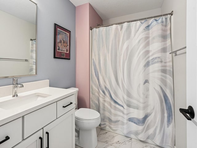 bathroom featuring vanity, toilet, a shower with curtain, and marble finish floor