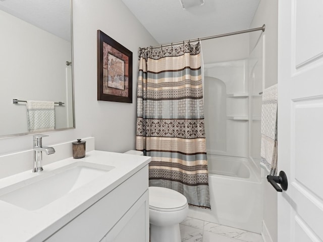 full bath featuring shower / bath combination with curtain, toilet, marble finish floor, and vanity