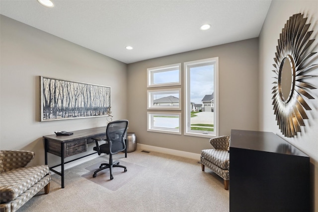 home office with carpet flooring, baseboards, and recessed lighting