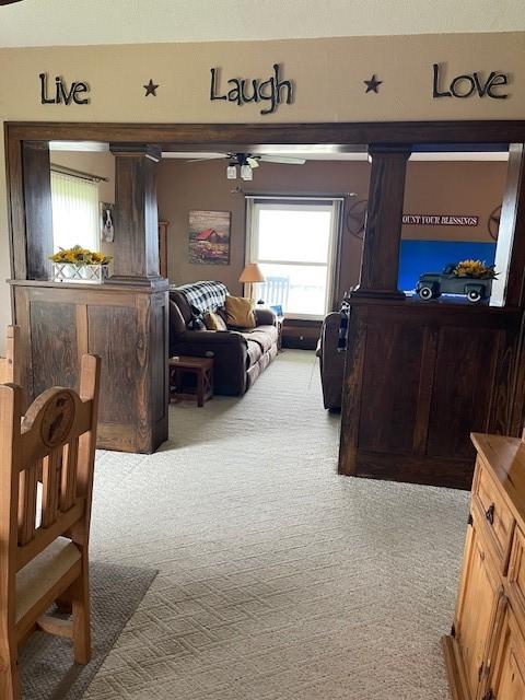 1208 310th Ave, Malcom, IA 50157 - living room featuring ceiling fan and carpet floors