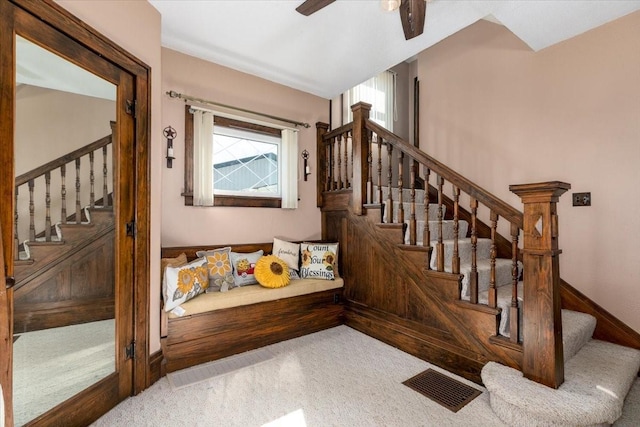 1208 310th Ave, Malcom, IA 50157 - stairway featuring a ceiling fan, visible vents, and carpet floors