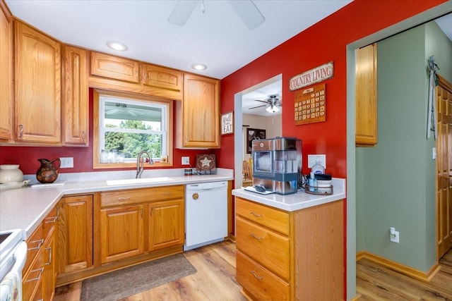 1208 310th Ave, Malcom, IA 50157 - kitchen with a ceiling fan, a sink, light wood-style floors, range, and dishwasher