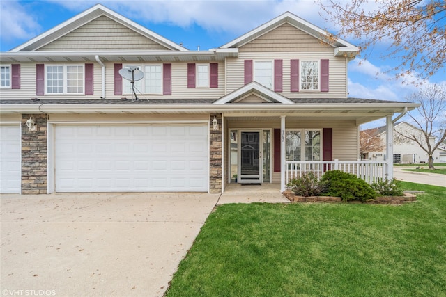 view of front facade featuring covered porch, an attached garage, stone siding, concrete driveway, and a front lawn