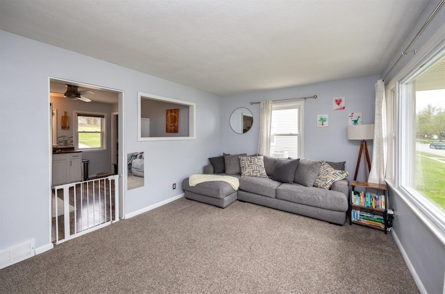 carpeted living area featuring baseboards, a wealth of natural light, and visible vents