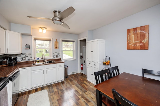 kitchen with a ceiling fan, dark countertops, a sink, and dark wood-type flooring
