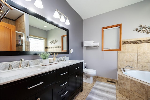 4110 140th St, Urbandale, IA 50323 - full bathroom with a bath, a sink, a shower stall, tile patterned floors, and double vanity