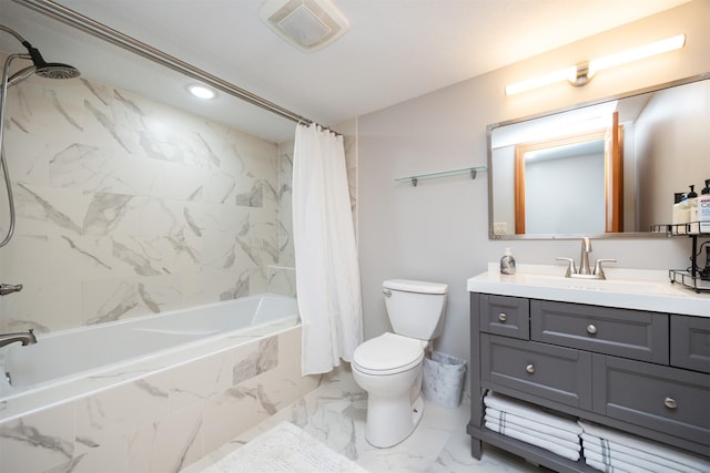 4110 140th St, Urbandale, IA 50323 - bathroom featuring toilet, tiled shower / bath, visible vents, marble finish floor, and vanity