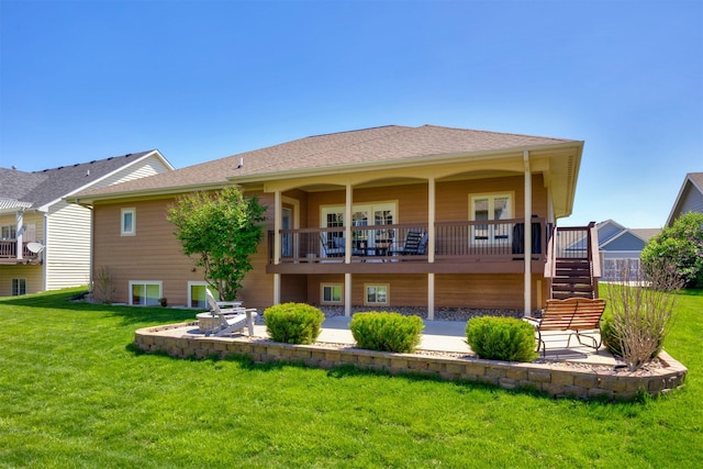 4110 140th St, Urbandale, IA 50323 - rear view of property featuring a lawn, a patio area, a wooden deck, and stairs