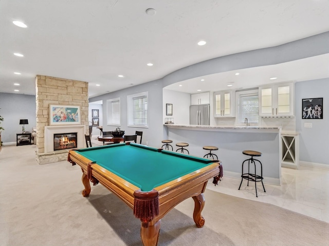rec room with recessed lighting, baseboards, a sink, a fireplace, and billiards