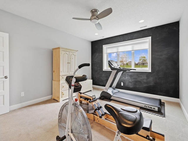workout room with light colored carpet, baseboards, a ceiling fan, and recessed lighting