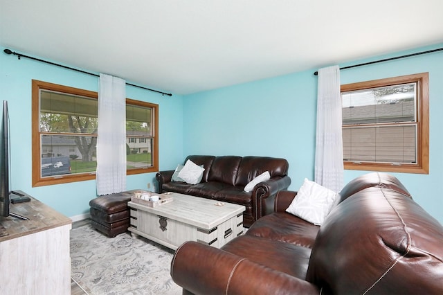 living area with baseboards, a healthy amount of sunlight, and wood finished floors