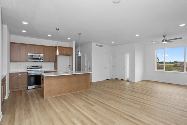 955 11th St, Waukee, IA 50263 - kitchen with stainless steel appliances, open floor plan, recessed lighting, light wood-type flooring, and light countertops
