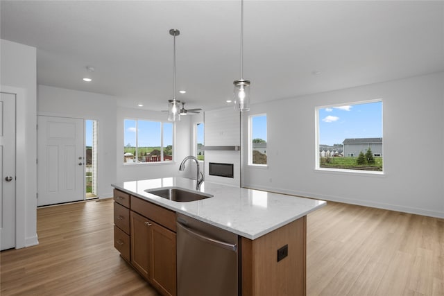 955 11th St, Waukee, IA 50263 - kitchen featuring a sink, dishwasher, open floor plan, light wood finished floors, and plenty of natural light