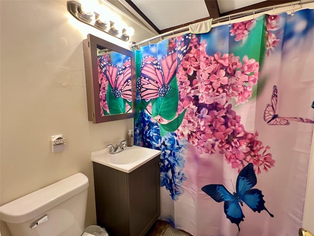 full bathroom with toilet, vanity, and curtained shower