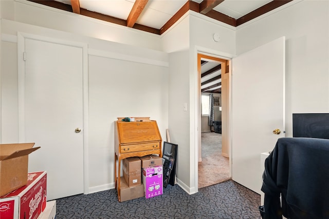 2216 Lay St, Des Moines, IA 50317 - office area featuring dark carpet and beamed ceiling