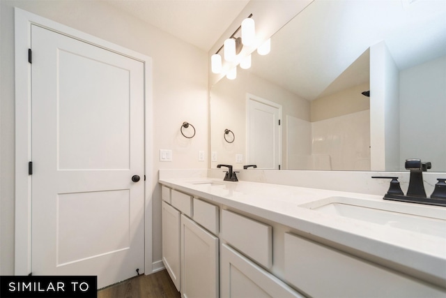 bathroom with double vanity, wood finished floors, and a sink