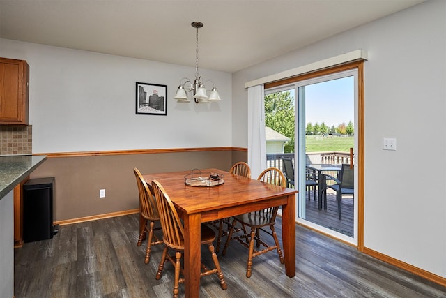 dining space featuring a chandelier, baseboards, and dark wood-style floors