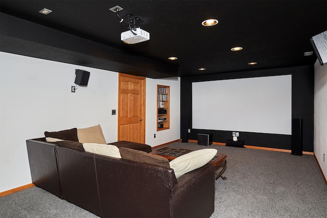 carpeted home theater room featuring baseboards and recessed lighting