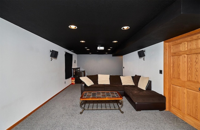 living room with carpet floors, baseboards, and recessed lighting