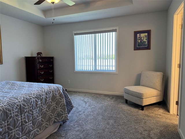 2708 NW Boulder Point Pl, Ankeny, IA 50023 - bedroom featuring a tray ceiling, baseboards, a ceiling fan, and carpet floors