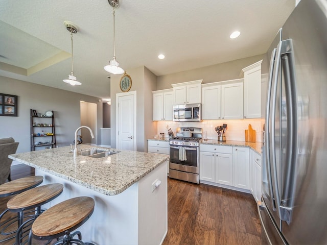 kitchen featuring a sink, stainless steel appliances, white cabinetry, dark wood finished floors, and light stone counters