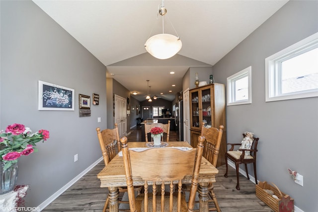 4522 145th St, Urbandale, IA 50323 - dining room featuring baseboards, vaulted ceiling, and wood finished floors
