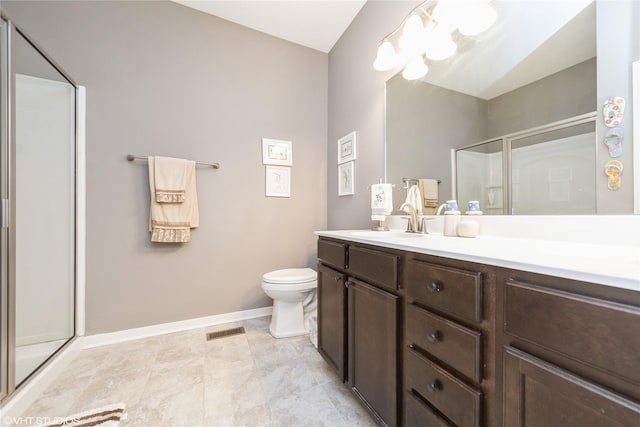 4522 145th St, Urbandale, IA 50323 - full bathroom with toilet, vanity, visible vents, a shower stall, and baseboards