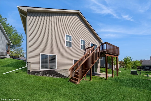 4522 145th St, Urbandale, IA 50323 - rear view of property with stairs, a deck, cooling unit, and a lawn