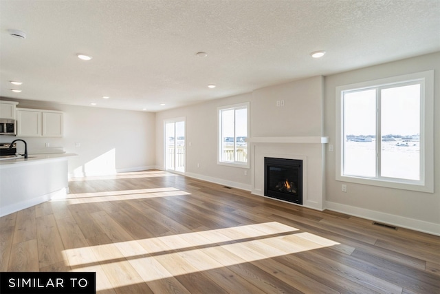 4112 NE 5th St, Ankeny, IA 50021 - unfurnished living room with a sink, light wood-style flooring, a glass covered fireplace, and visible vents