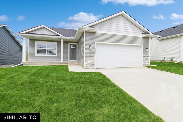 4116 NE 5th St, Ankeny, IA 50021 - ranch-style home featuring driveway, a garage, stone siding, a shingled roof, and a front yard