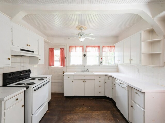 325 W 8th St S, Newton, IA 50208 - kitchen with white appliances, a sink, under cabinet range hood, ceiling fan, and open shelves