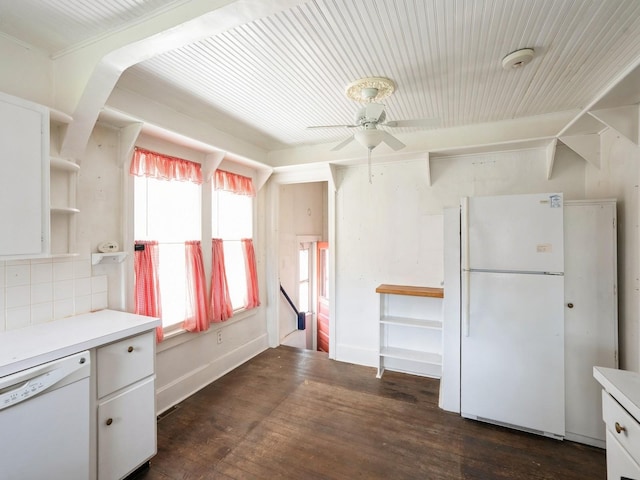 325 W 8th St S, Newton, IA 50208 - kitchen with white appliances, ceiling fan, light countertops, open shelves, and dark wood-style floors
