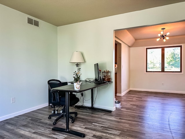917 SE Allyn St, Ankeny, IA 50021 - office space with baseboards, a chandelier, visible vents, and dark wood-style floors