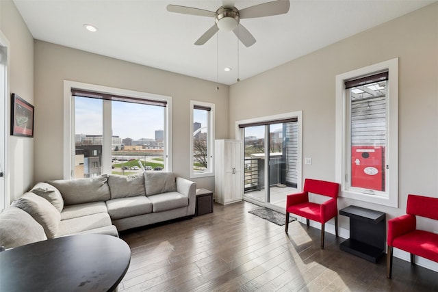 118 E Center St, Des Moines, IA 50309 - living room with wood-type flooring, a ceiling fan, recessed lighting, and baseboards