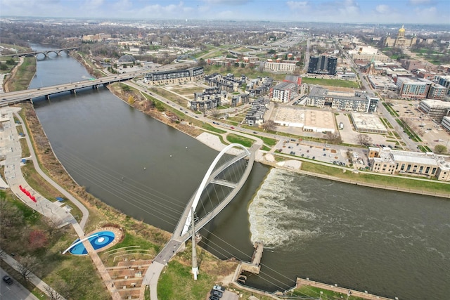 aerial view featuring a water view and a city view