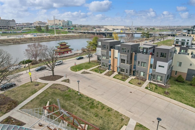 drone / aerial view featuring a water view