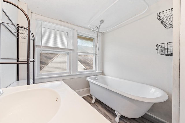 bathroom with a sink, wood finished floors, and a freestanding tub