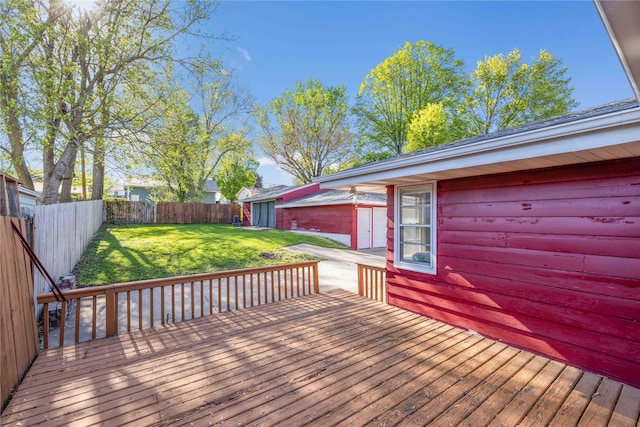 wooden deck with a yard and a fenced backyard