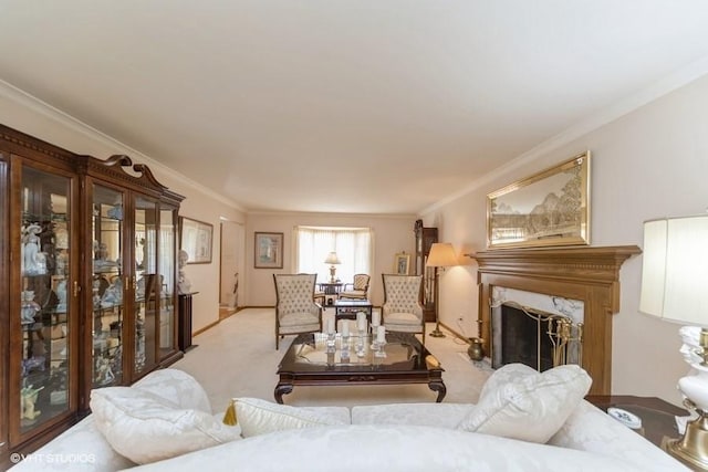 living room with a high end fireplace, crown molding, and carpet