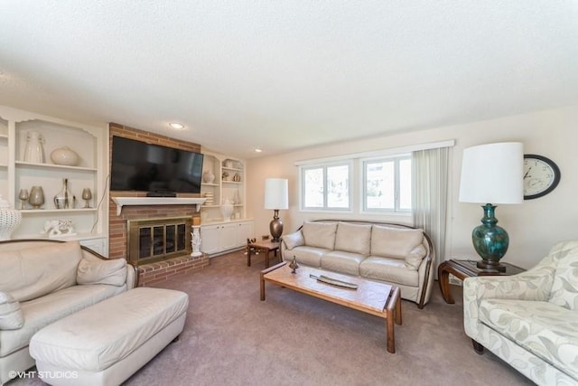 carpeted living area featuring a fireplace and built in features