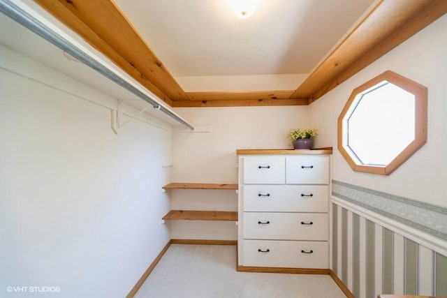 walk in closet featuring light carpet