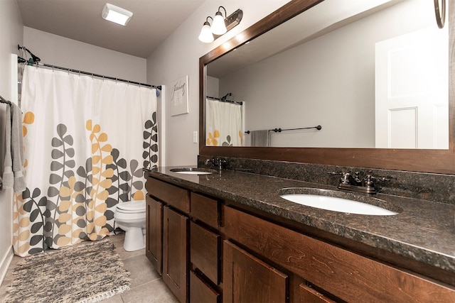 3414 163rd St, Urbandale, IA 50323 - full bath with toilet, tile patterned flooring, double vanity, and a shower with shower curtain